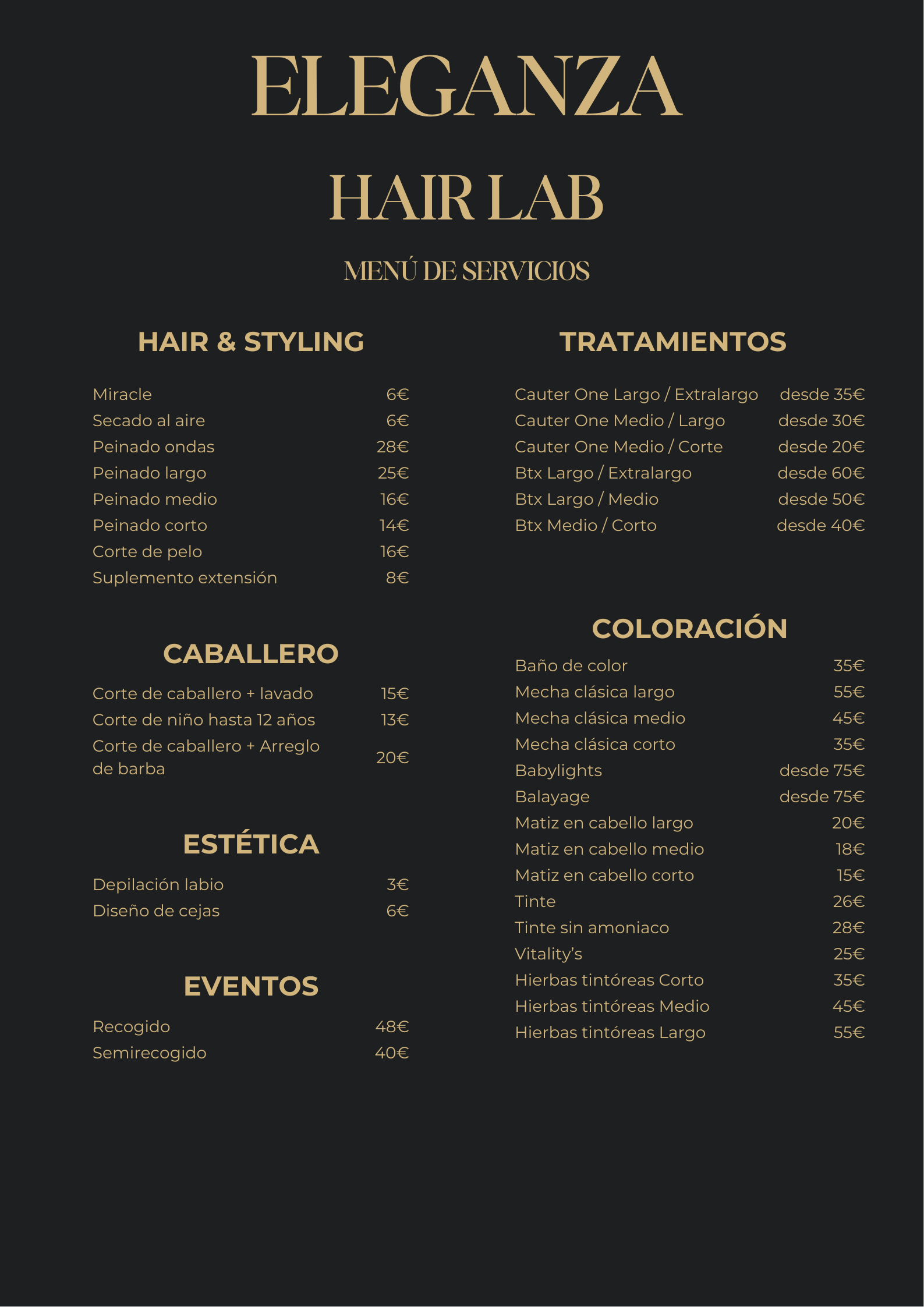 Servicios y precios de Eleganza Hair Lab